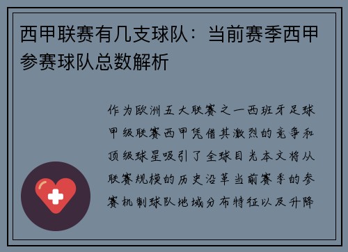 西甲联赛有几支球队：当前赛季西甲参赛球队总数解析